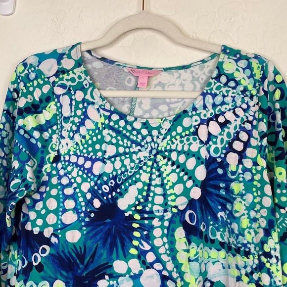 Lilly Pulitzer Hayes Bell Sleeve‎ Shift Dress Geometric Artsy Resort Blue Large - Picture 3 of 12